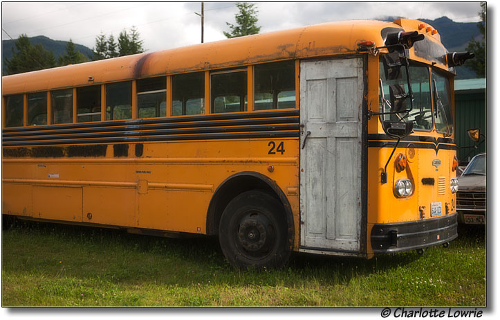 School bus with wooden door